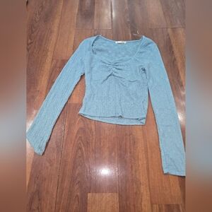Dusty Blue Textured Waffle Knit Lace Long Sleeve Sweetheart Neck Y2K Crop Top